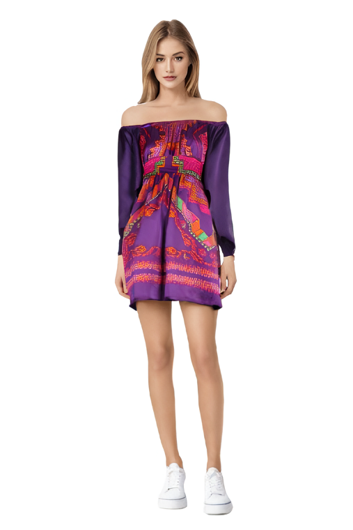 NATIVE OFF SHOULDER BS DRESS (MULTI PURPLE)- D7489