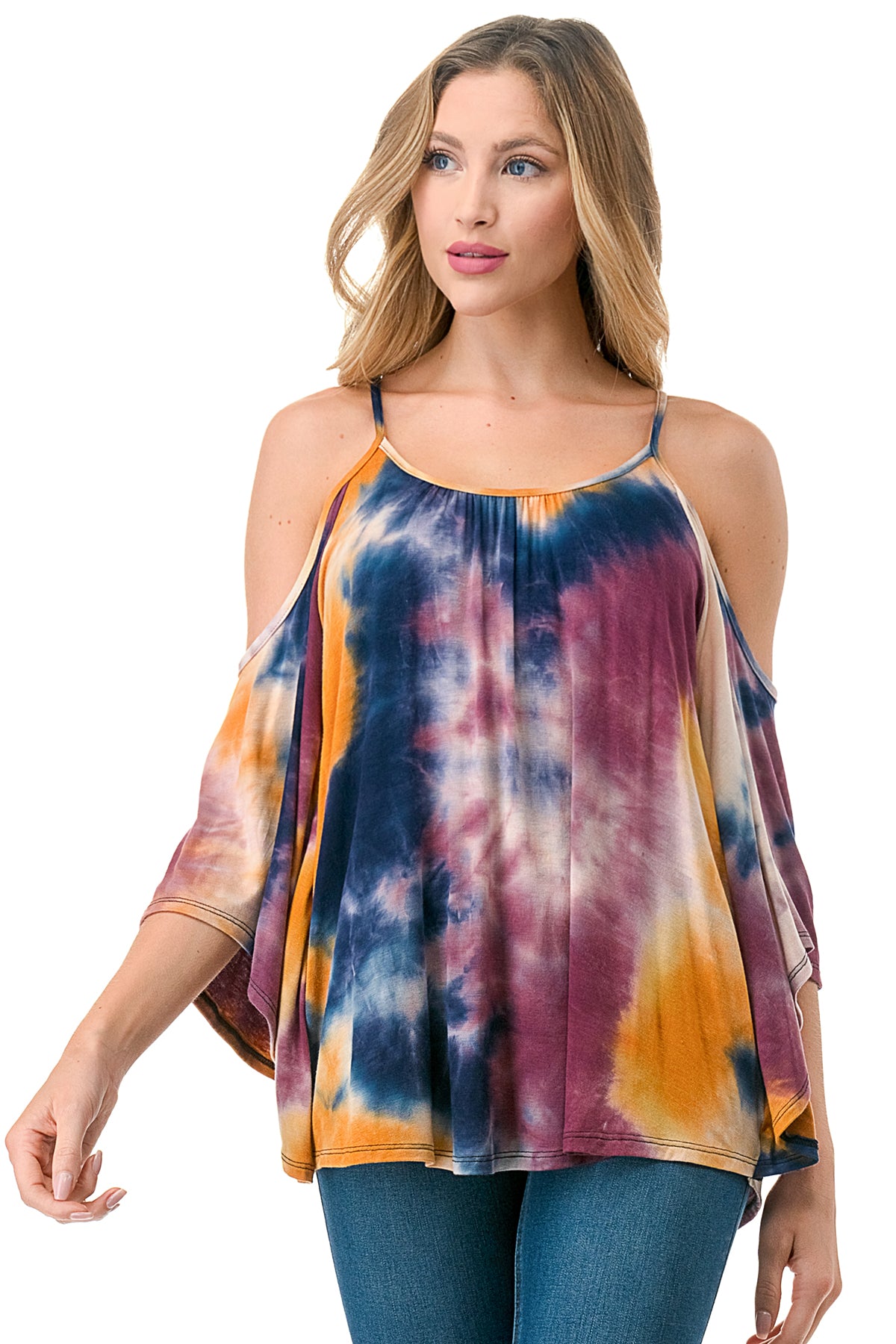 NICK OPEN SHOULDER TOP (NAVY MUSTARD TIE DYE )- JT7352