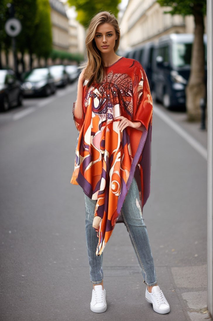 PONCHO SILK DRESS (RED PEACOCK)- VD1642