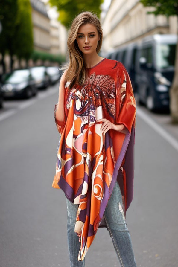 PONCHO SILK DRESS (RED PEACOCK)- VD1642