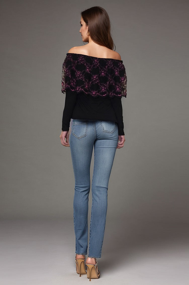 PAULA OFF SHOULDER TOP (BLACK / BLK FUSCHIA LACE)-VT1527