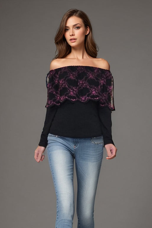 PAULA OFF SHOULDER TOP (BLACK / BLK FUSCHIA LACE)-VT1527