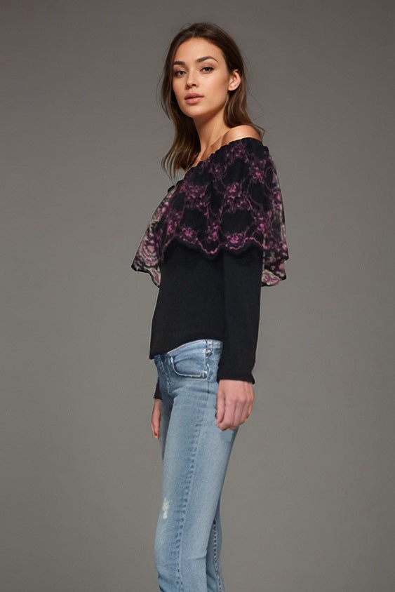 PAULA OFF SHOULDER TOP (BLACK / BLK FUSCHIA LACE)-VT1527