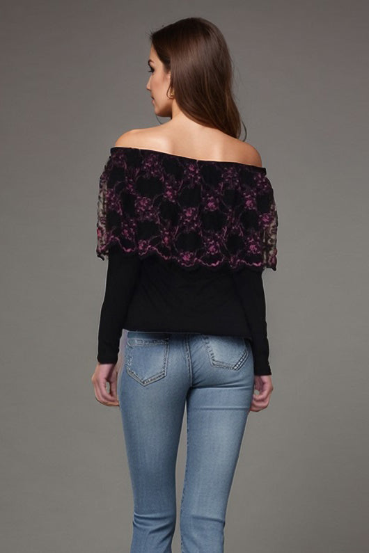 PAULA OFF SHOULDER TOP (BLACK / BLK FUSCHIA LACE)-VT1527