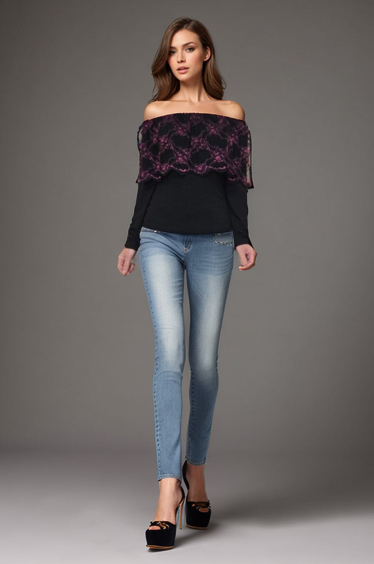 PAULA OFF SHOULDER TOP (BLACK / BLK FUSCHIA LACE)-VT1527