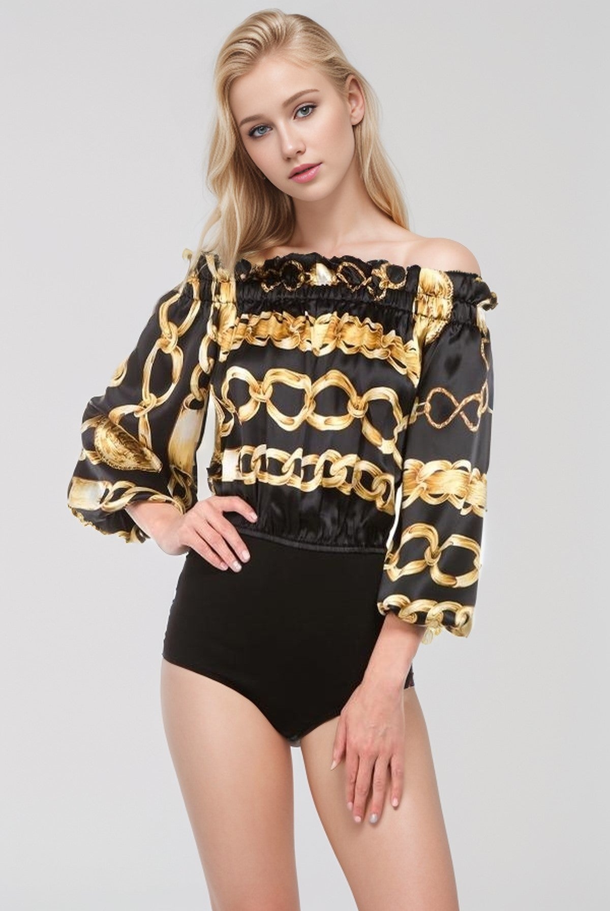 TESS LONG SLEEVE BODYSUIT (BLACK CHAIN)- VT2159