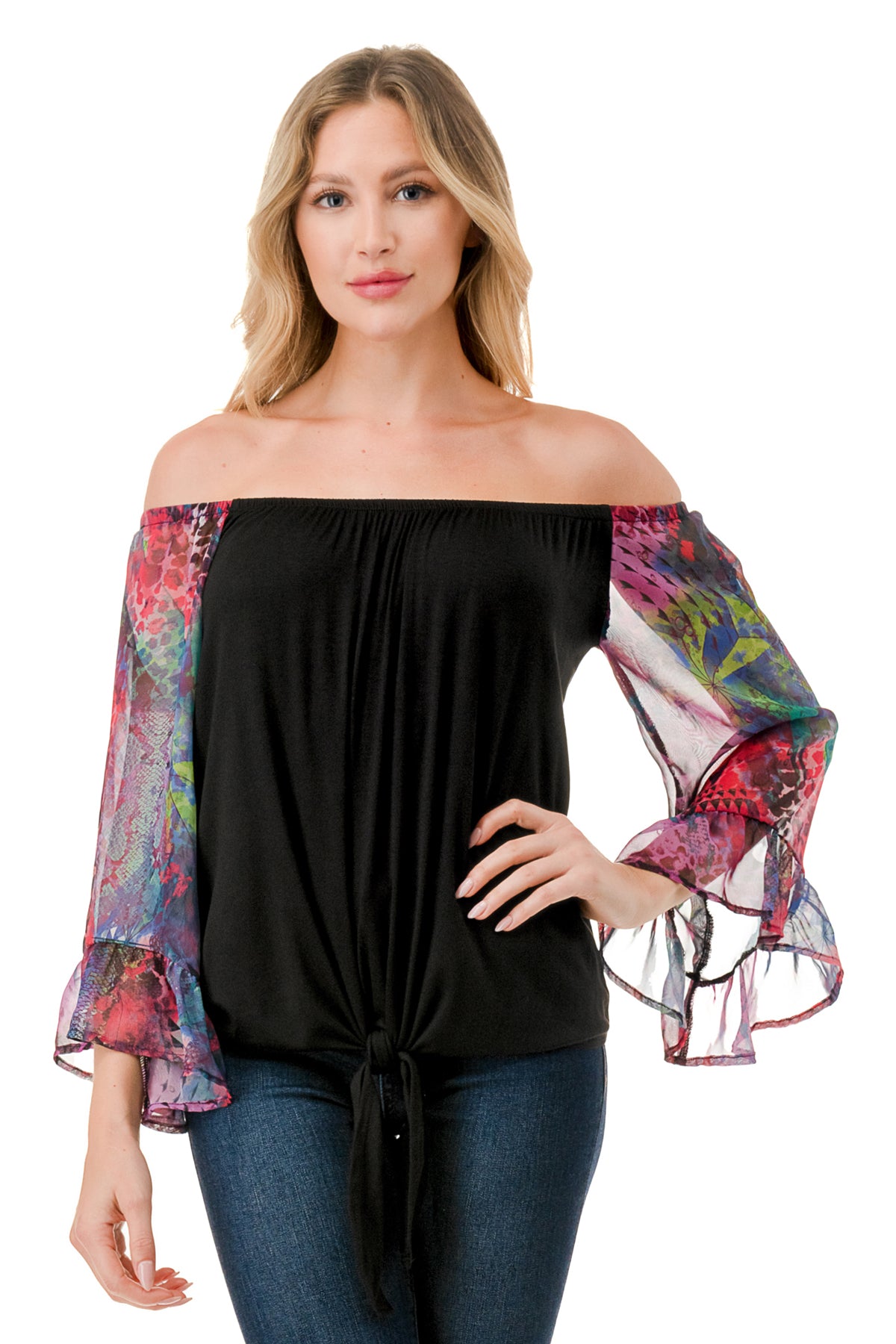 HARRIET OFF SHOULDER TOP (BLACK / FANTASY)- VT2509