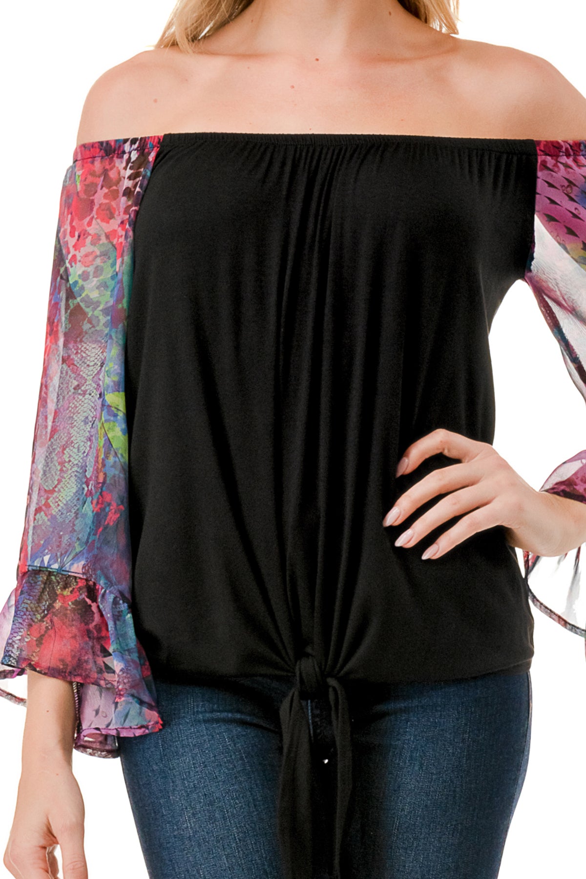 HARRIET OFF SHOULDER TOP (BLACK / FANTASY)- VT2509