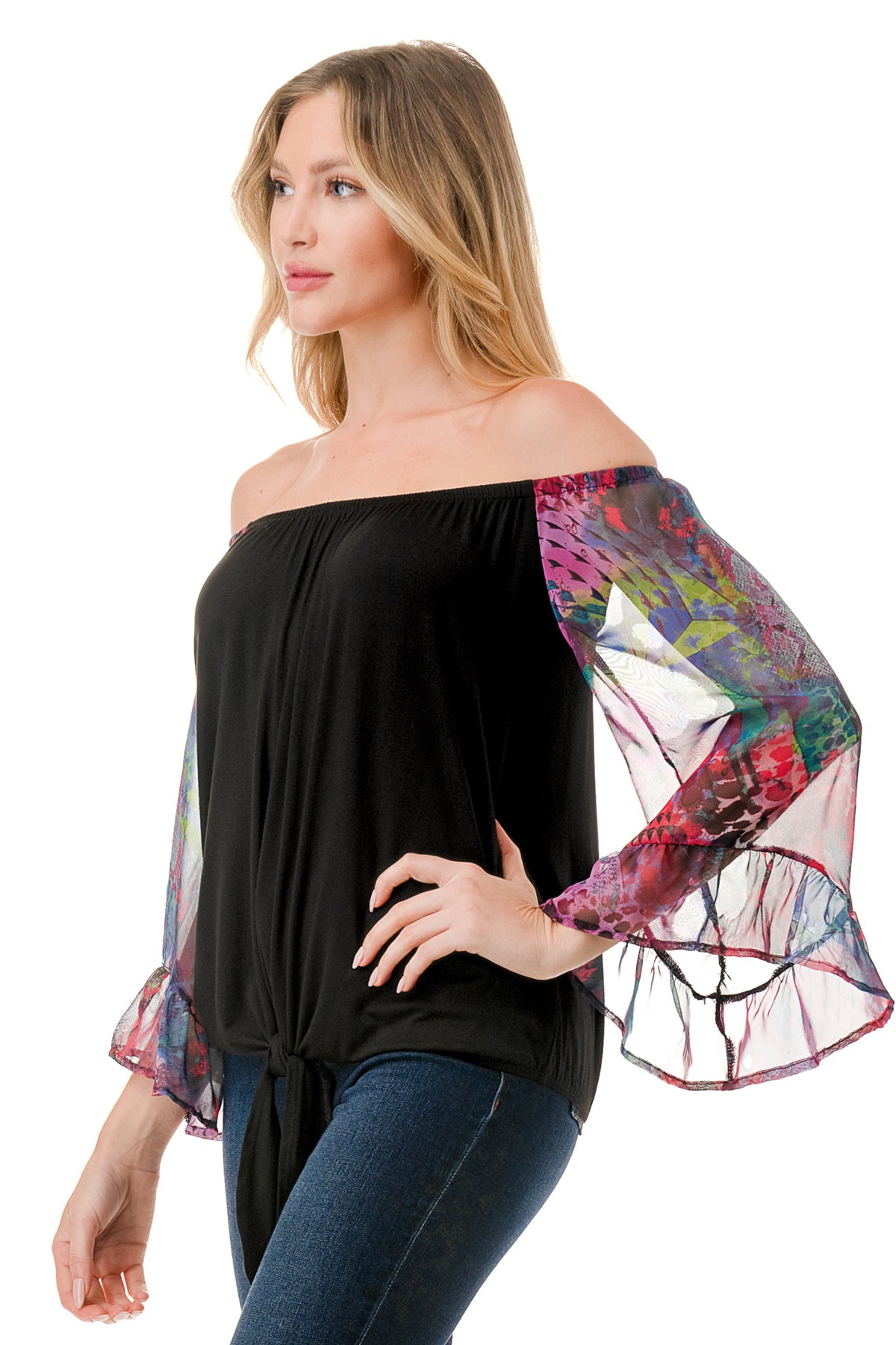 HARRIET OFF SHOULDER TOP (BLACK / FANTASY)- VT2509