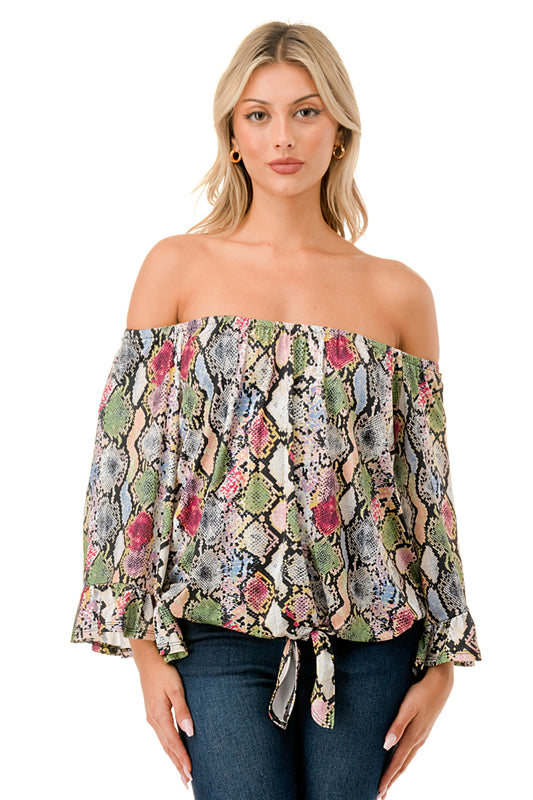 HARRIET OFF SHOULDER TOP (MULTI SNAKE)- VT2509