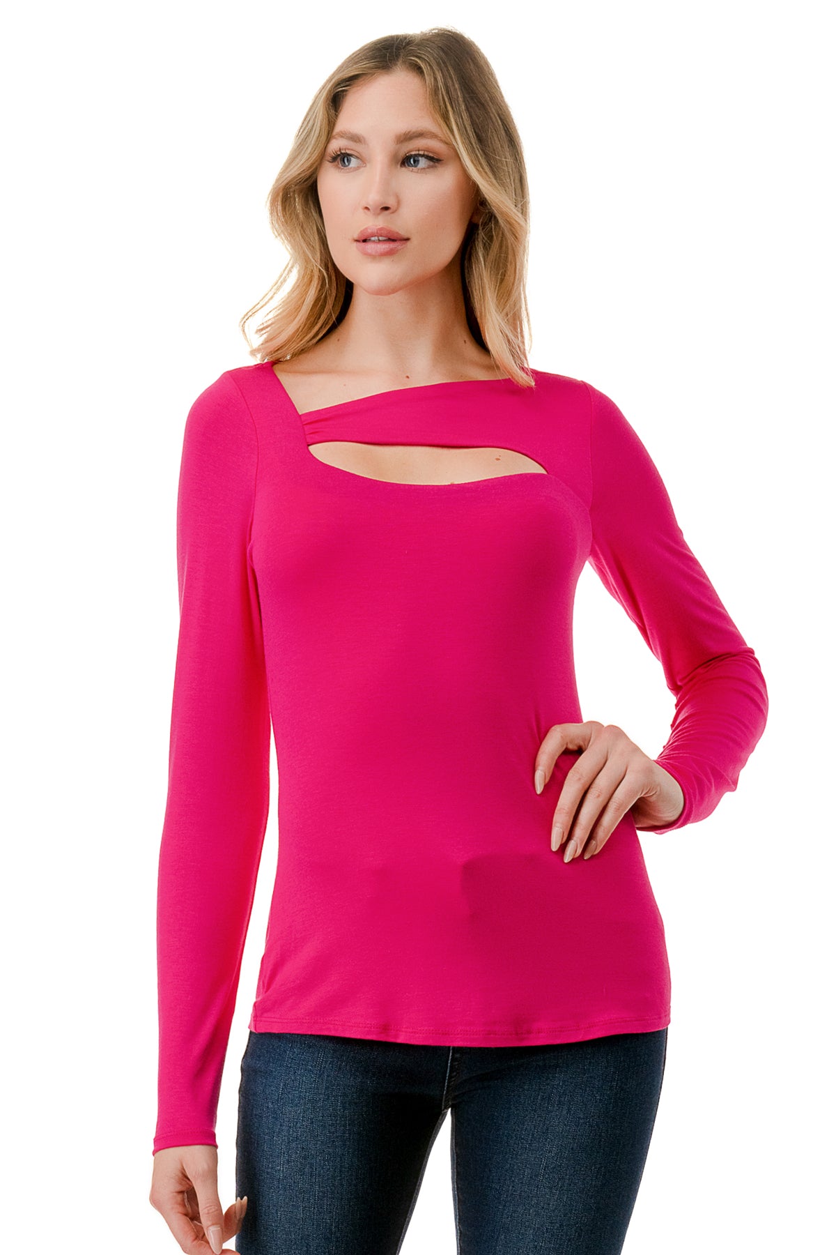 ROCIO SPLIT YOKE TOP (HOT PINK)-VT2595