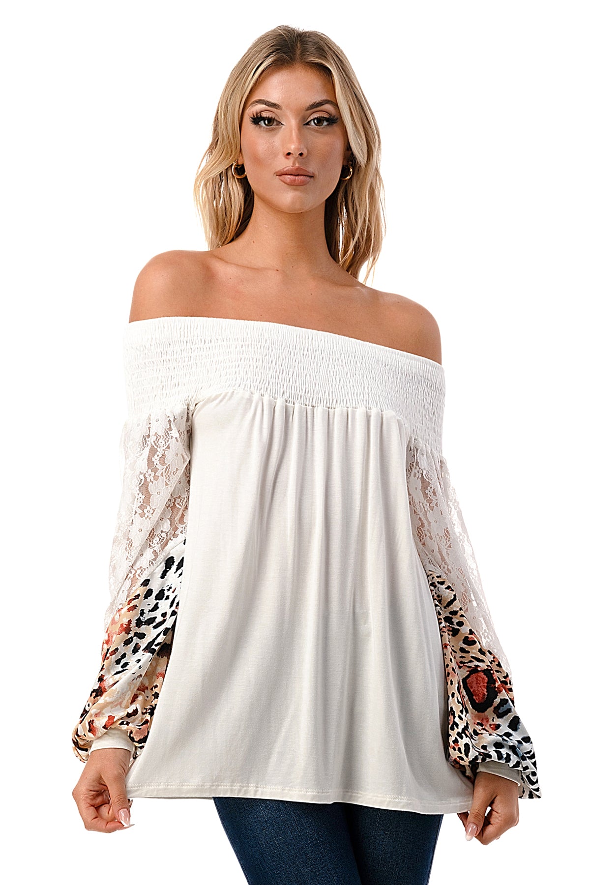 CHEVRON OFF SHOULDER TOP (IVORY / WHITE LEOPARD)- VT2646