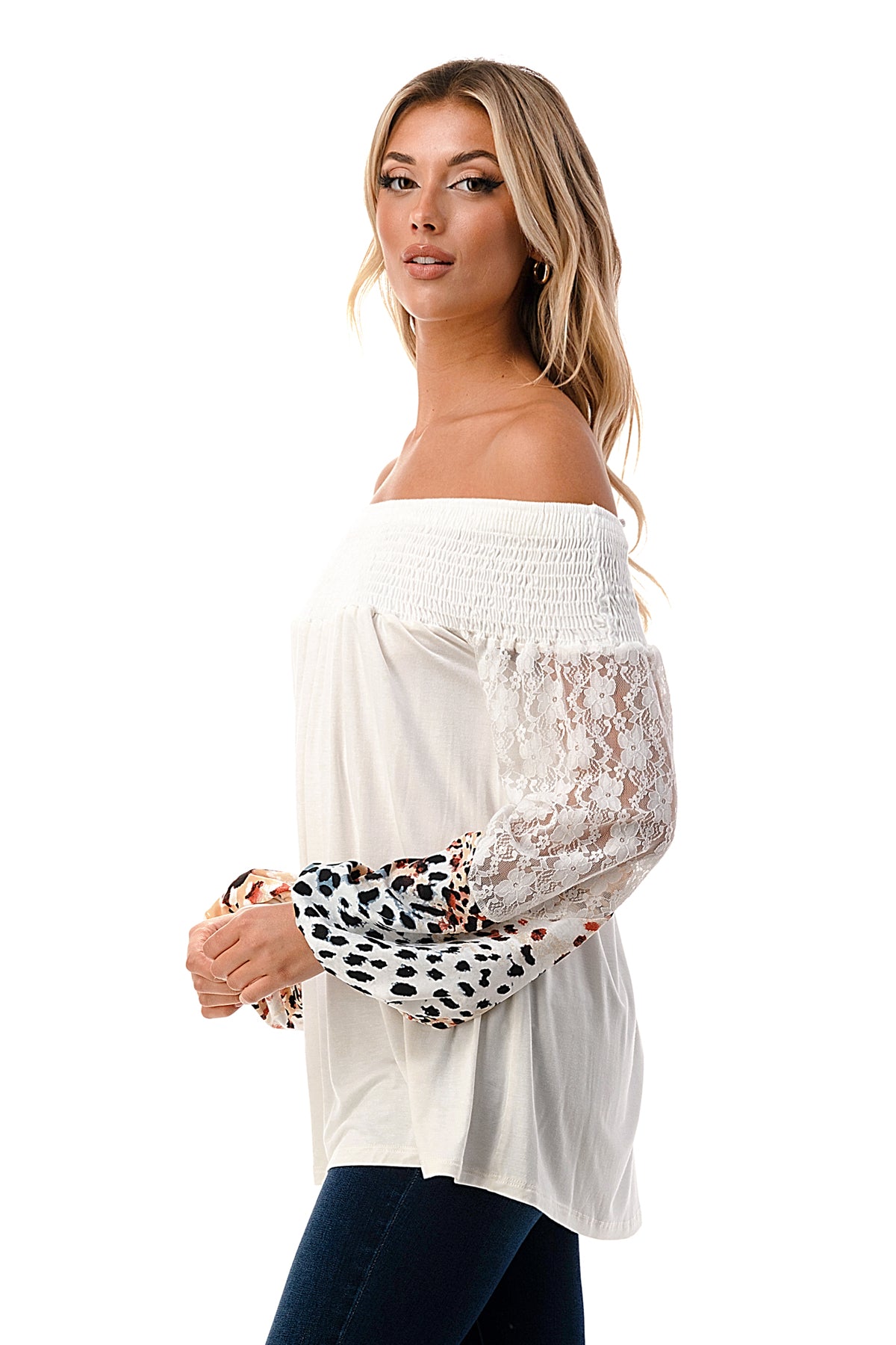 CHEVRON OFF SHOULDER TOP (IVORY / WHITE LEOPARD)- VT2646