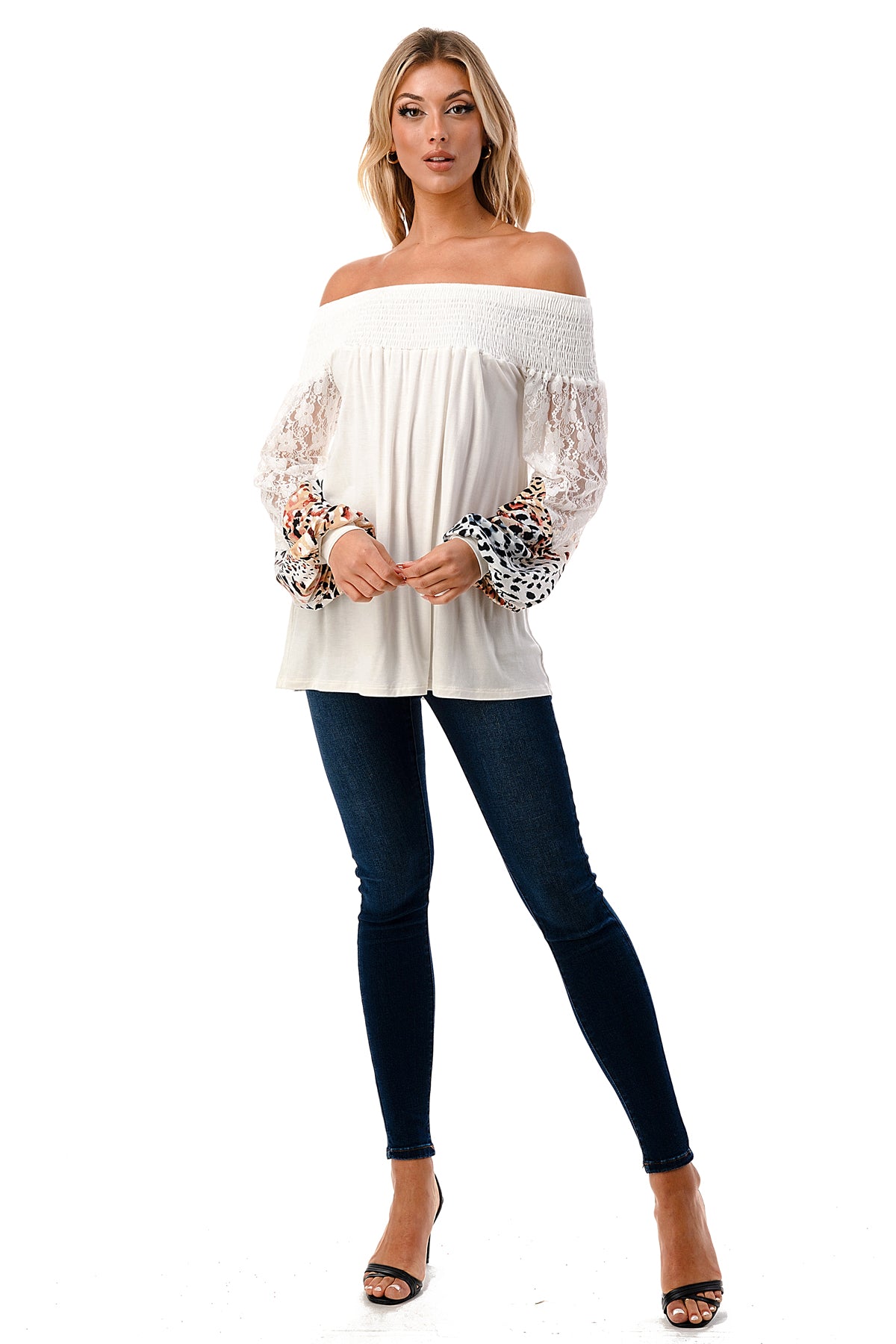 CHEVRON OFF SHOULDER TOP (IVORY / WHITE LEOPARD)- VT2646