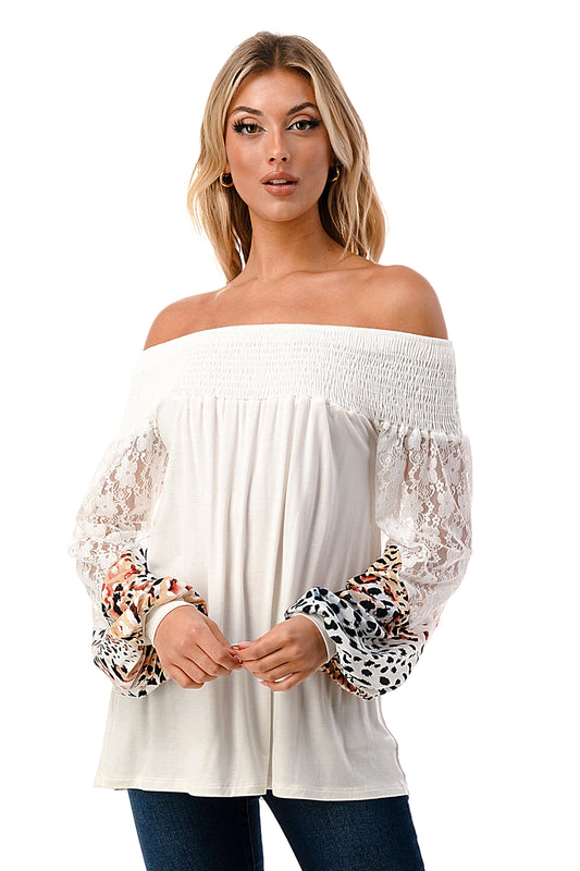 CHEVRON OFF SHOULDER TOP (IVORY / WHITE LEOPARD)- VT2646