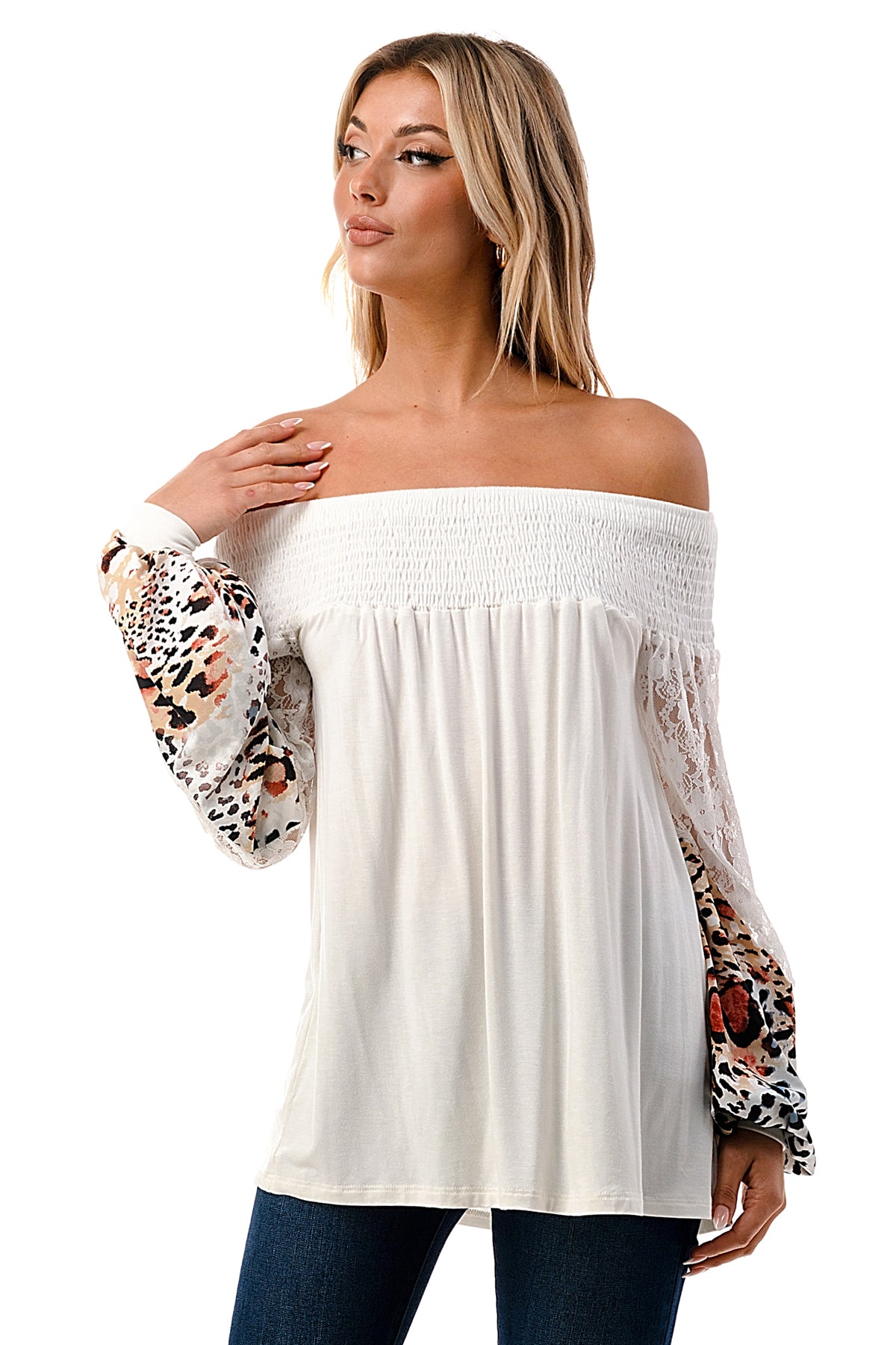 CHEVRON OFF SHOULDER TOP (IVORY / WHITE LEOPARD)- VT2646