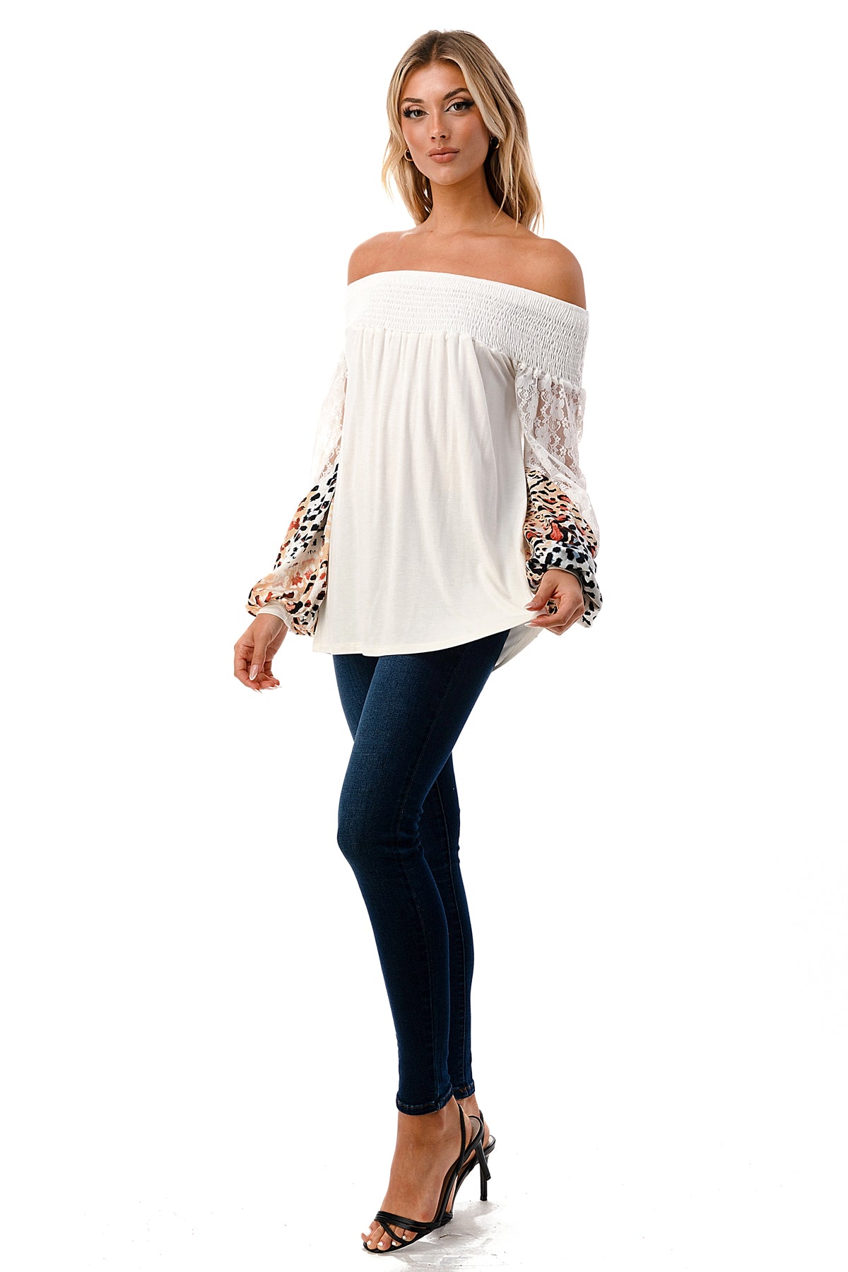 CHEVRON OFF SHOULDER TOP (IVORY / WHITE LEOPARD)- VT2646