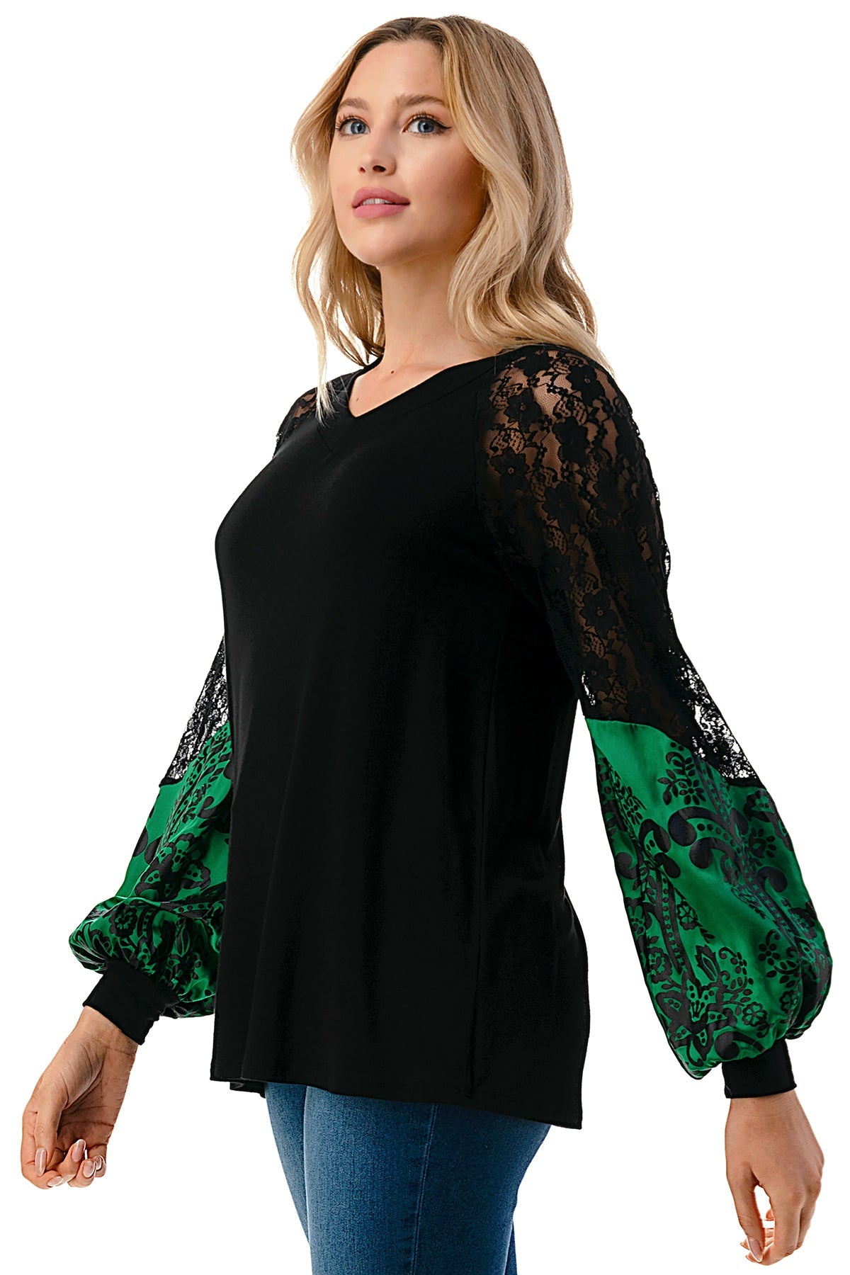 GINA V NECK TOP (BLACK/GREEN FLORAL SILK)- VT2647