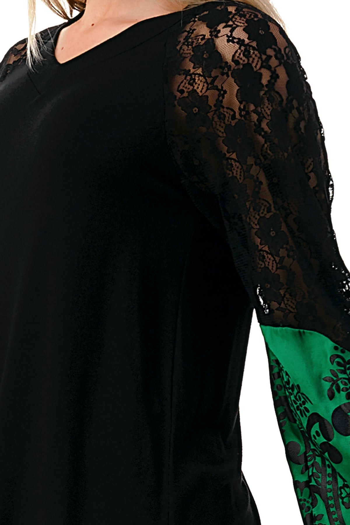 GINA V NECK TOP (BLACK/GREEN FLORAL SILK)- VT2647