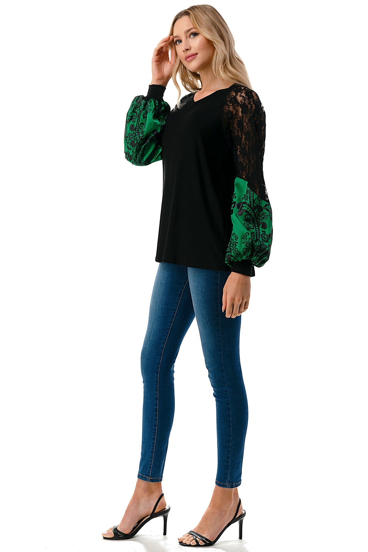 GINA V NECK TOP (BLACK/GREEN FLORAL SILK)- VT2647