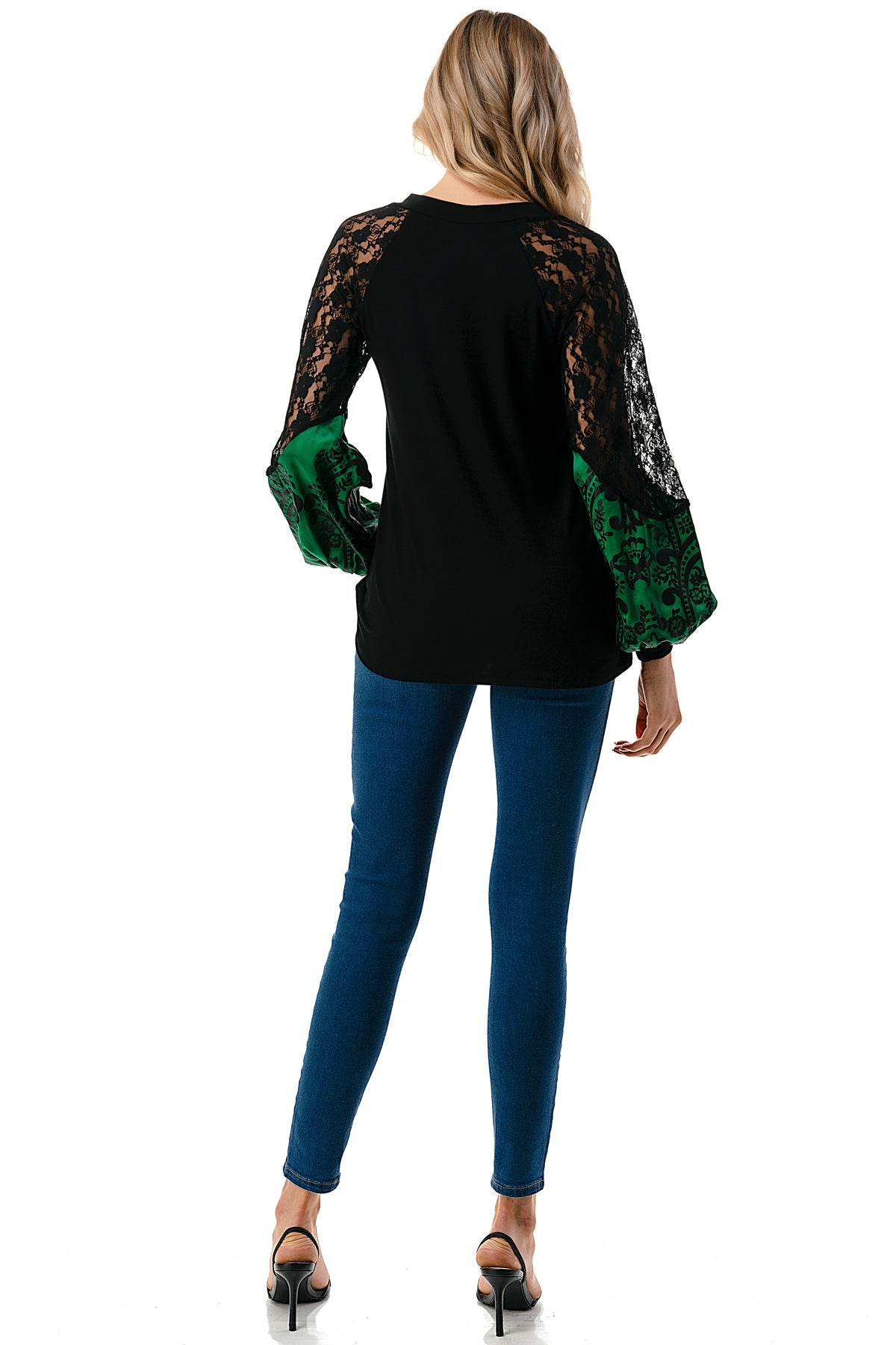 GINA V NECK TOP (BLACK/GREEN FLORAL SILK)- VT2647