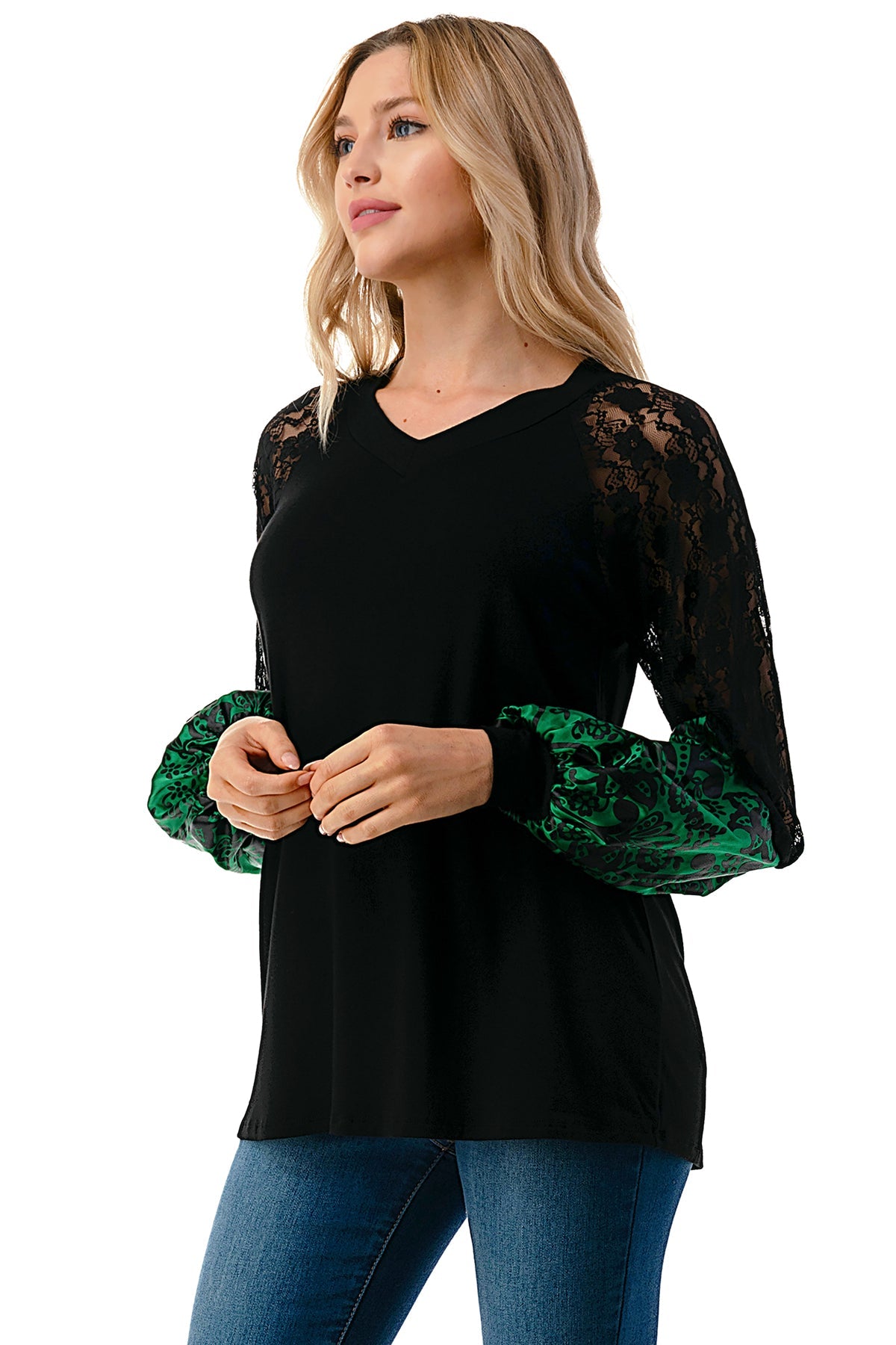 GINA V NECK TOP (BLACK/GREEN FLORAL SILK)- VT2647