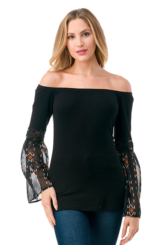 CLEO OFF SHOULDER TOP (BLACK / BLACK TRIBAL)- VT2652