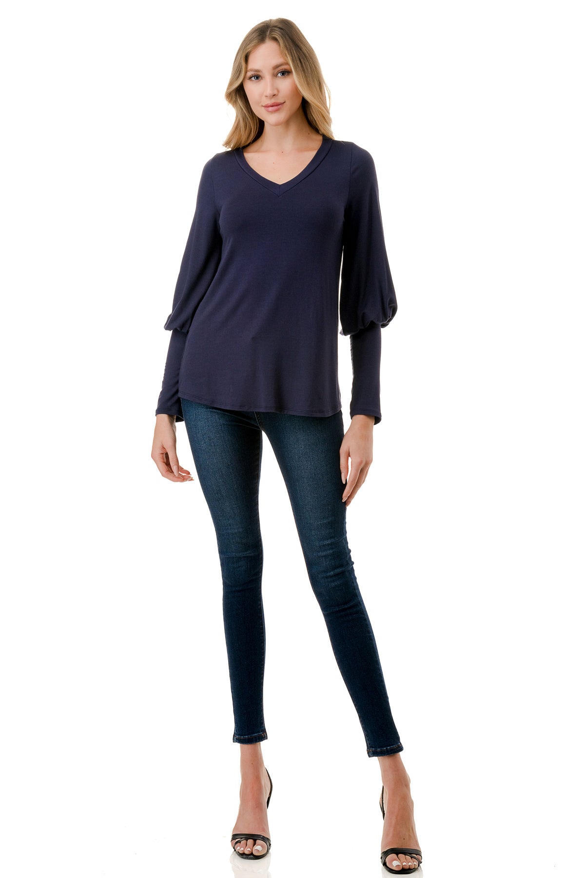 ANN SMOKING BALLOON SLEEVE TOP (NAVY)-VT2862