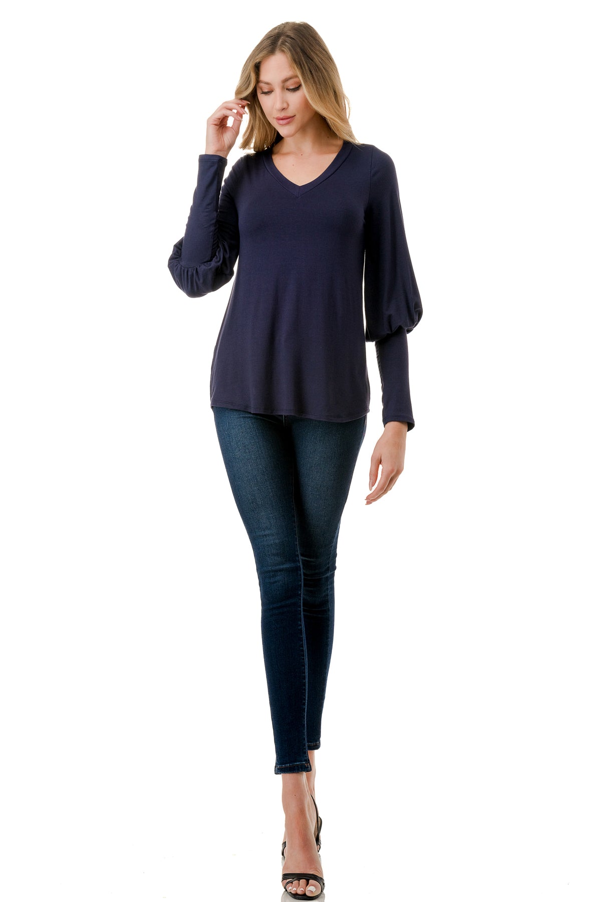 ANN SMOKING BALLOON SLEEVE TOP (NAVY)-VT2862