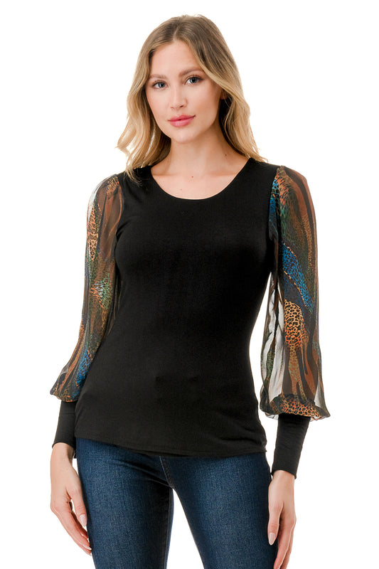 ANNIKA PUFF SLEEVE TOP (BLACK / FALL ZEBRA)- VT3019