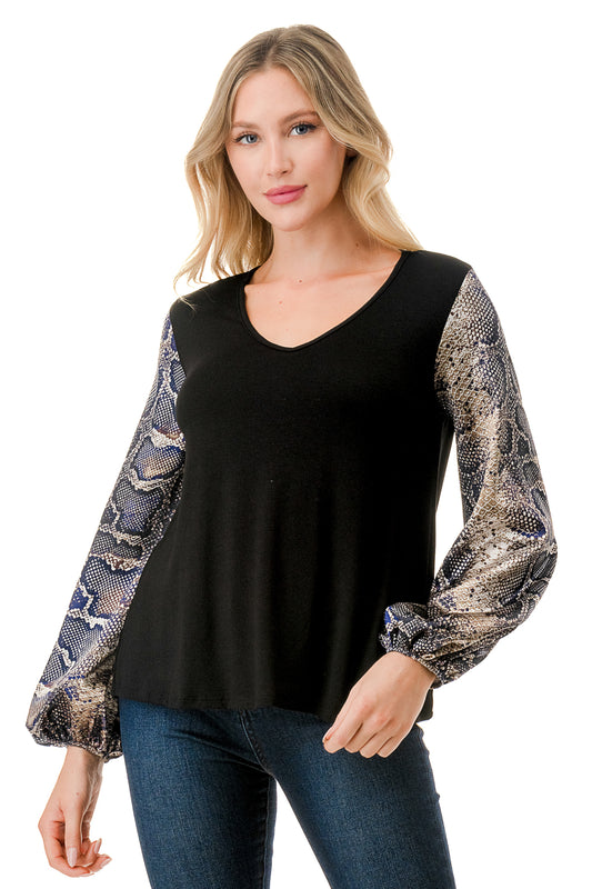 NORAH BUBBLE SLEEVE TOP (BLACK / SATIN SNAKE)- VT3023S