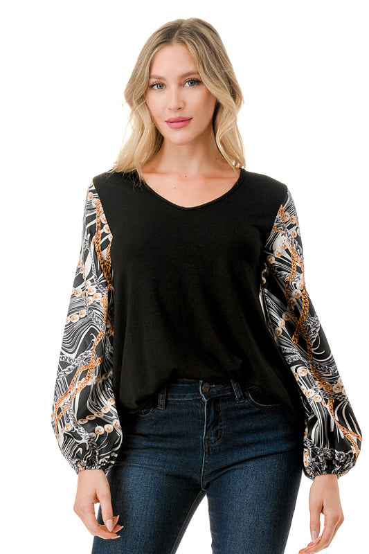 NORAH BUBBLE SLEEVE TOP (BLACK / WAVE BLACK CHAIN)- VT3023S