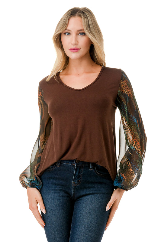 NORAH BUBBLE SLEEVE TOP (DARK BROWN / FALL ZEBRA)- VT3023S