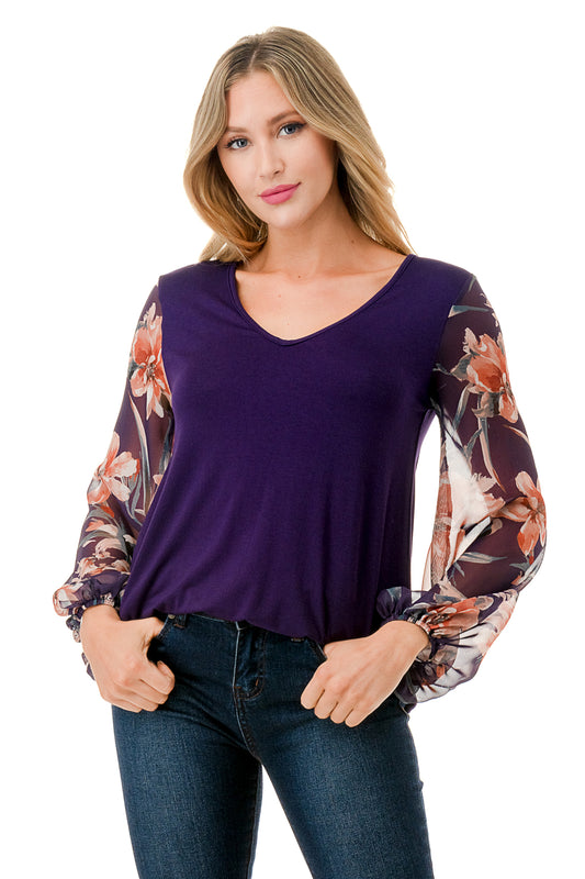 NORAH BUBBLE SLEEVE TOP (PURPLE / PURPLE FLPWER CHIFFON)- VT3023S