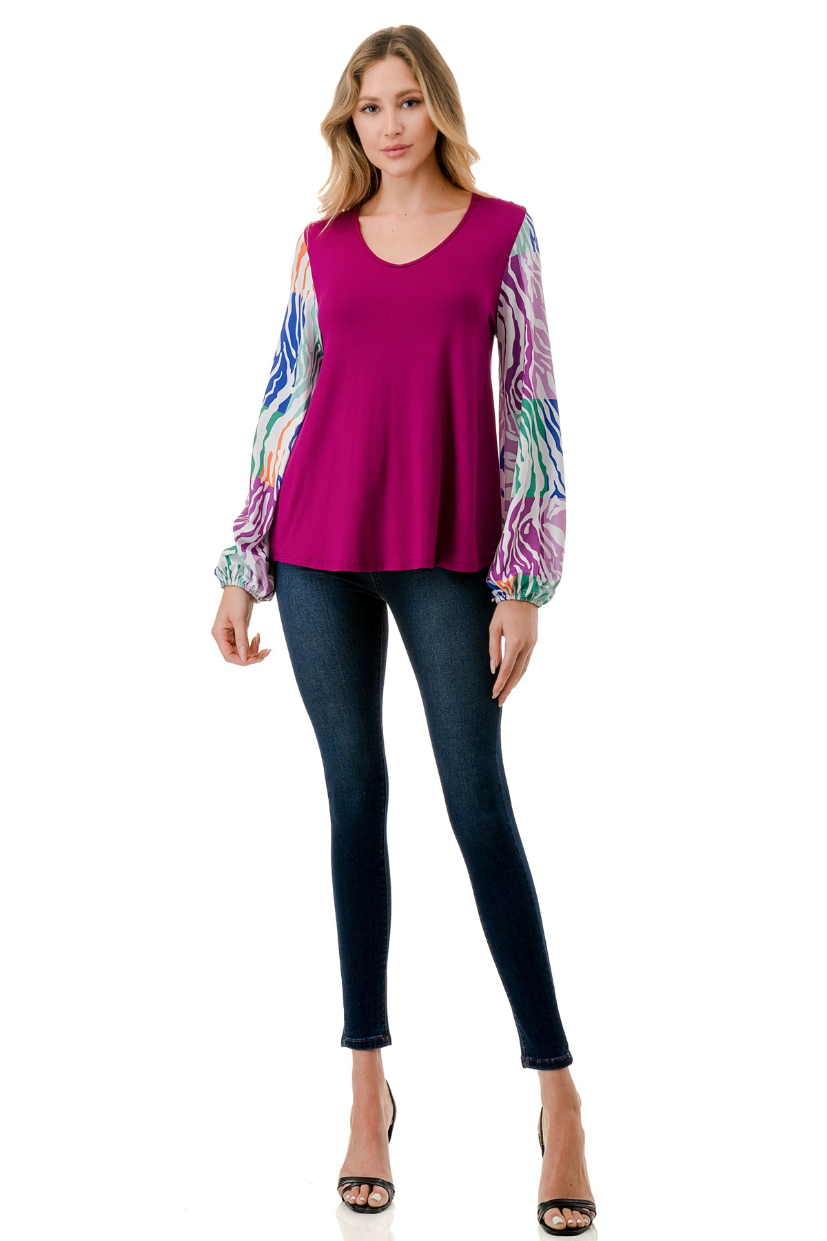 NORAH BUBBLE SLEEVE TOP (MAGENTA / MULTI ZEBRA)- VT3023S