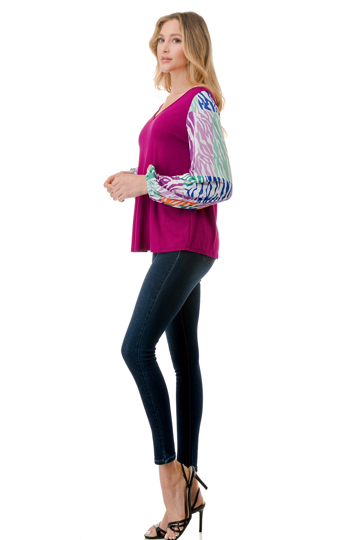 NORAH BUBBLE SLEEVE TOP (MAGENTA / MULTI ZEBRA)- VT3023S