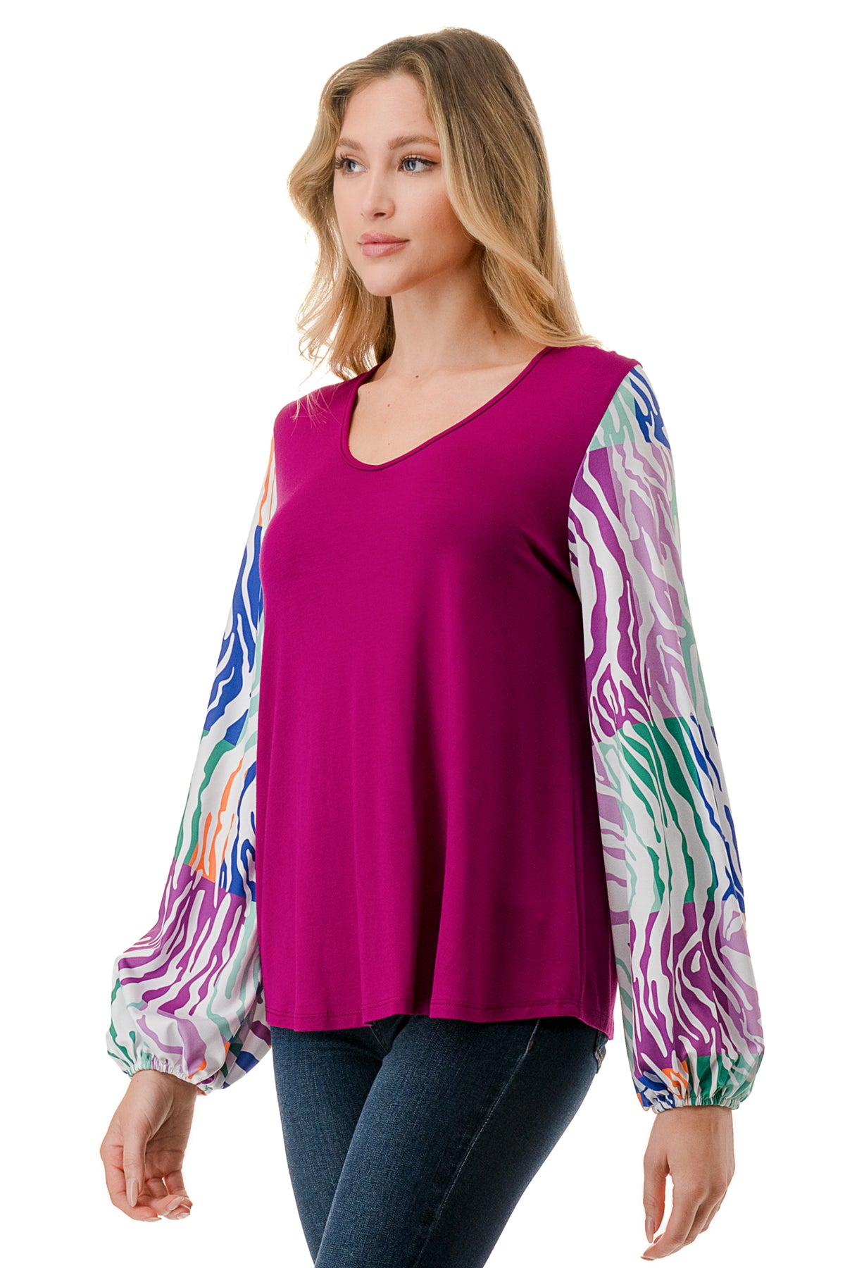 NORAH BUBBLE SLEEVE TOP (MAGENTA / MULTI ZEBRA)- VT3023S