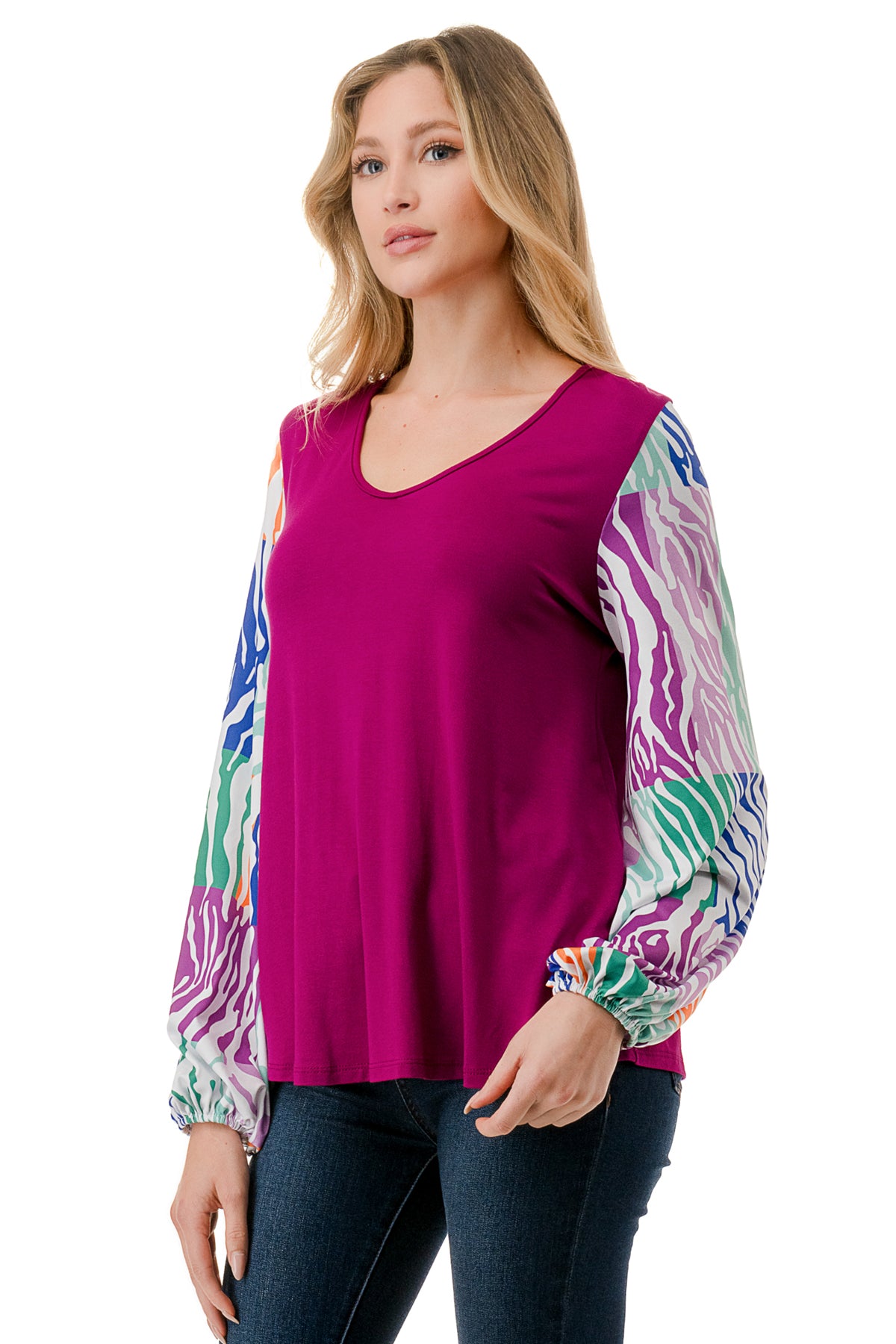 NORAH BUBBLE SLEEVE TOP (MAGENTA / MULTI ZEBRA)- VT3023S