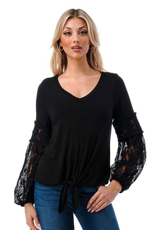 CLAIRE V NECK FRONT TIE TOP (BLACK/ BLACK LACE)-VT3044