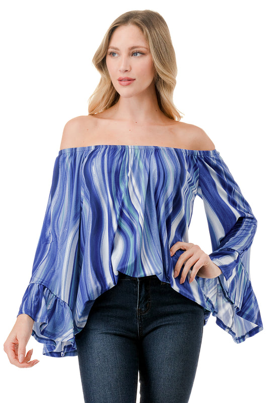 CORDELIA OFF SHOULDER TOP (BLUE WATERCOLOR)-VT3154