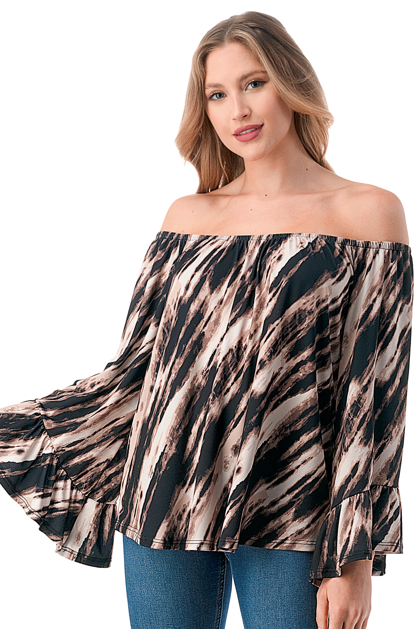 CORDELIA OFF SHOULDER TOP (BROWN WATERCOLOR)-VT3154