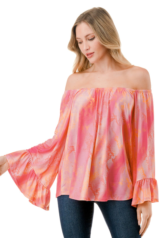 CORDELIA OFF SHOULDER TOP (PINK WATERCOLOR SNAKE)-VT3154