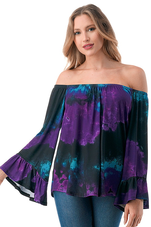 CORDELIA OFF SHOULDER TOP (PURPLE GREEN TIE DYE)-VT3154