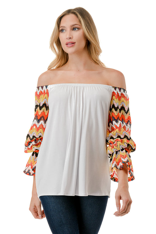 FRANCES OFF SHOULDER TOP (IVORY / ORANGE GREEN WAVE)- VT3160