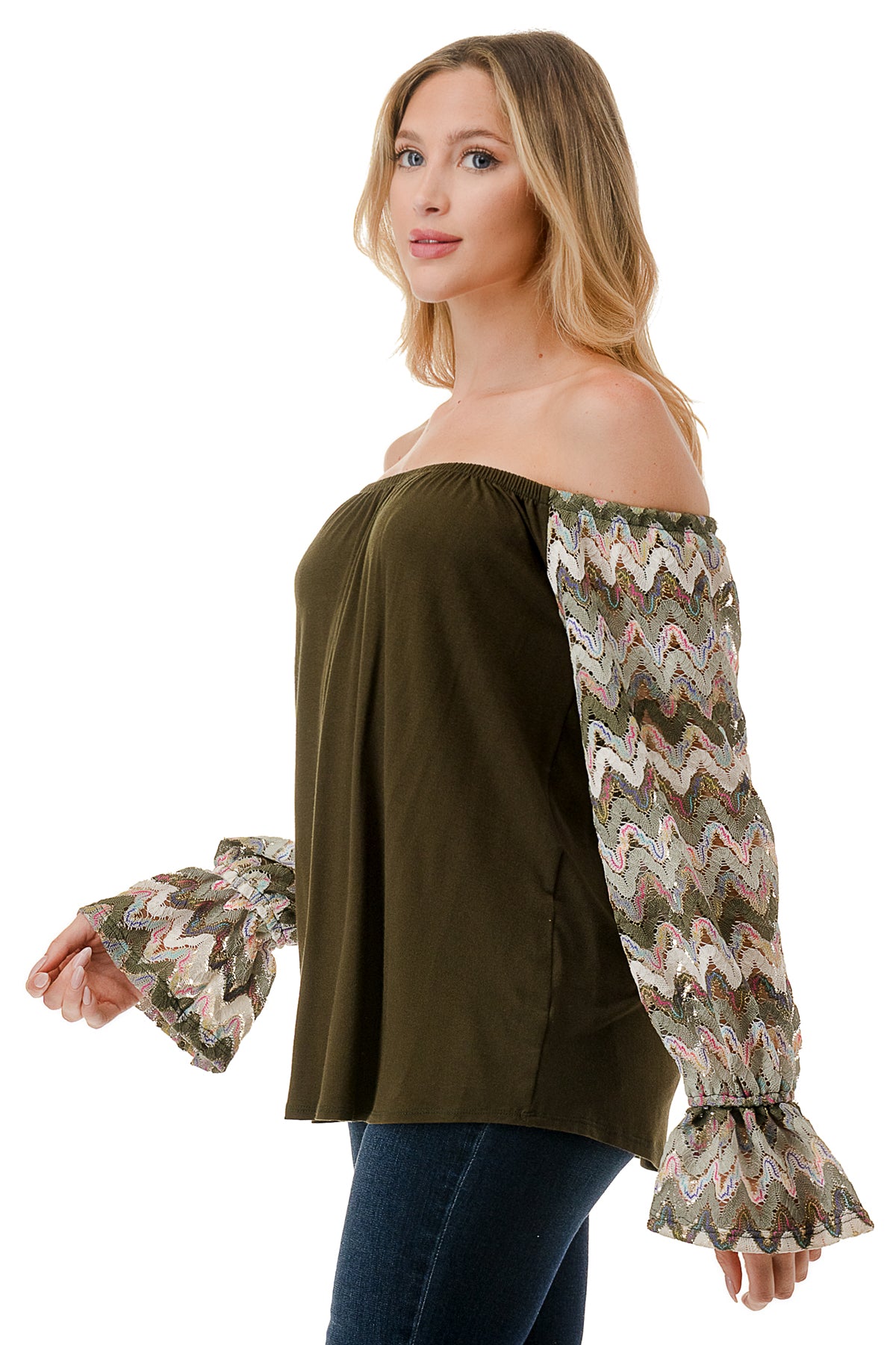 FRANCES OFF SHOULDER TOP (OLIVE / OLIVE MULTI WAVE)- VT3160