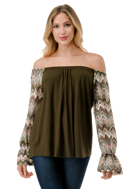 FRANCES OFF SHOULDER TOP (OLIVE / OLIVE MULTI WAVE)- VT3160