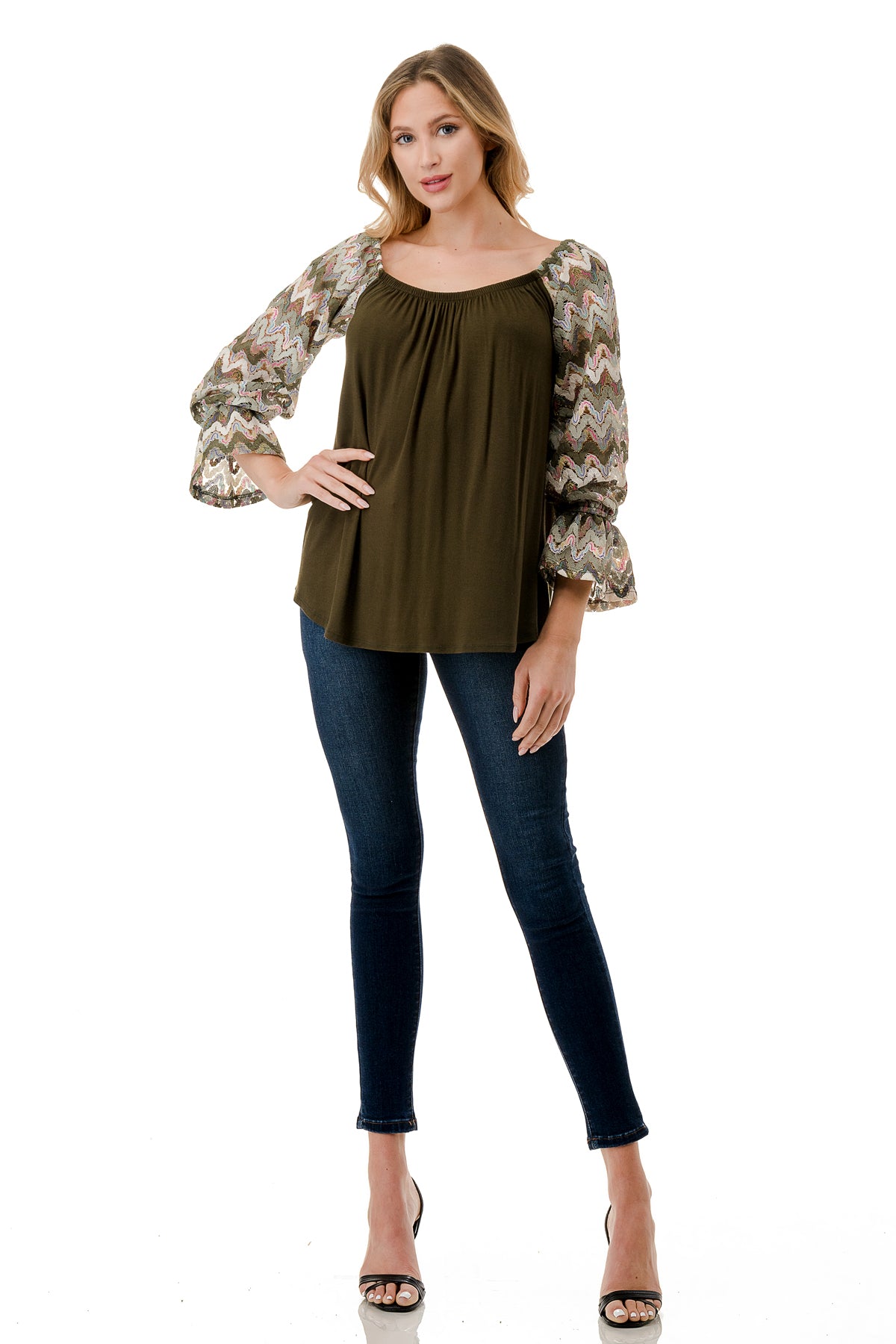 FRANCES OFF SHOULDER TOP (OLIVE / OLIVE MULTI WAVE)- VT3160