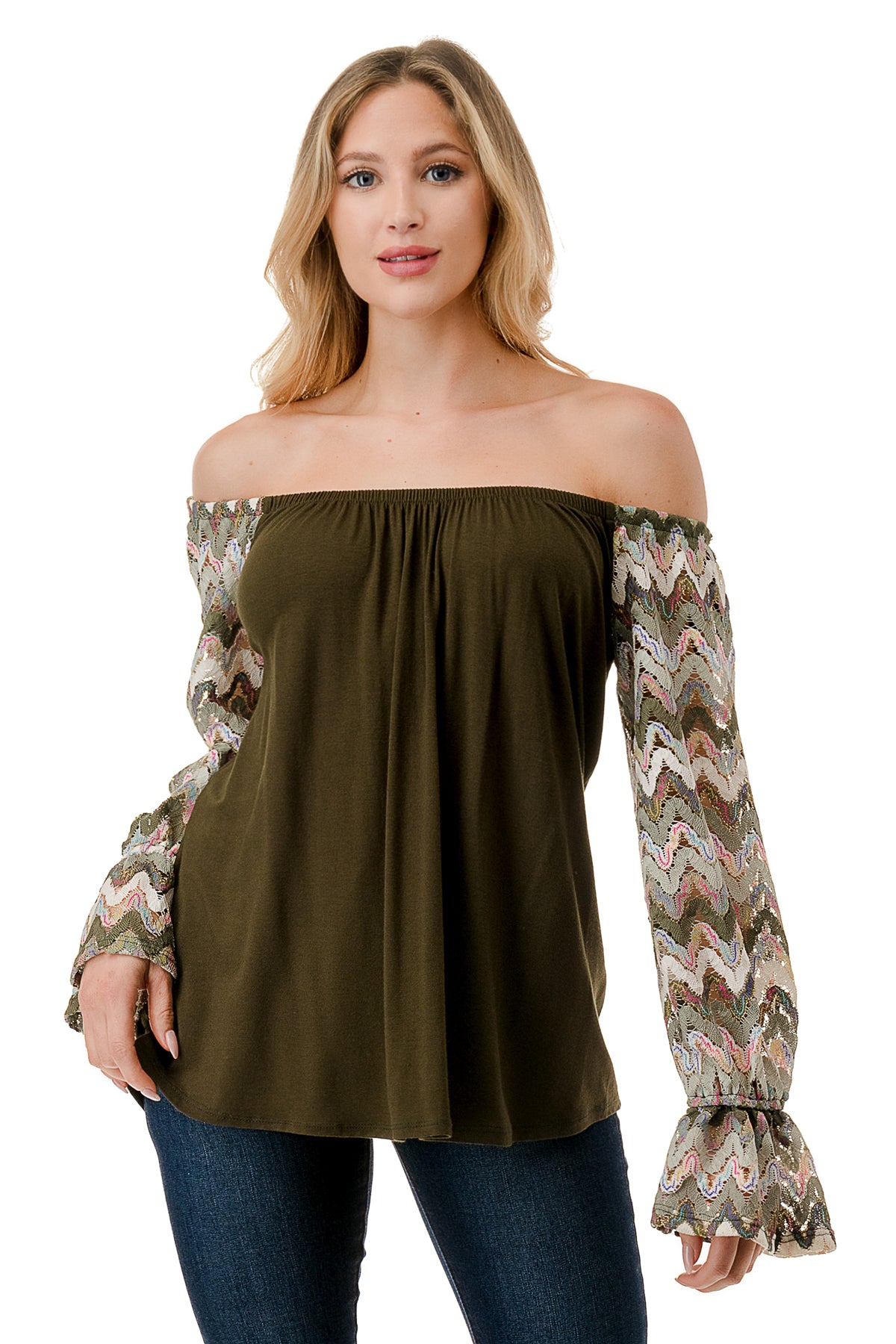 FRANCES OFF SHOULDER TOP (OLIVE / OLIVE MULTI WAVE)- VT3160