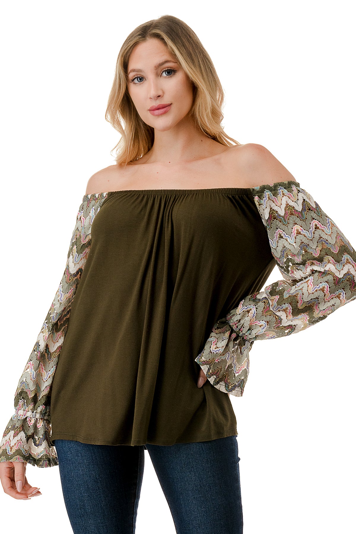 FRANCES OFF SHOULDER TOP (OLIVE / OLIVE MULTI WAVE)- VT3160