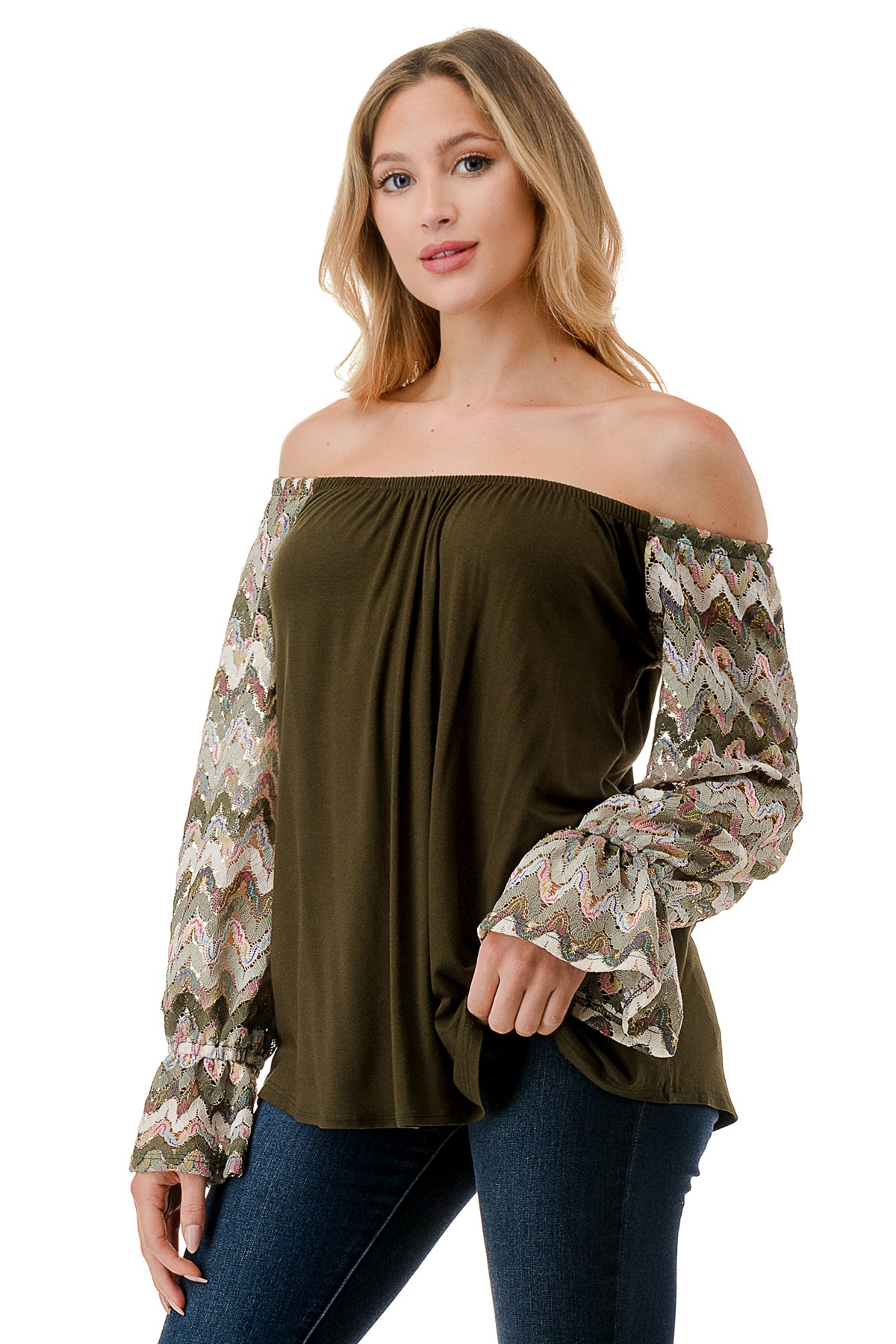 FRANCES OFF SHOULDER TOP (OLIVE / OLIVE MULTI WAVE)- VT3160